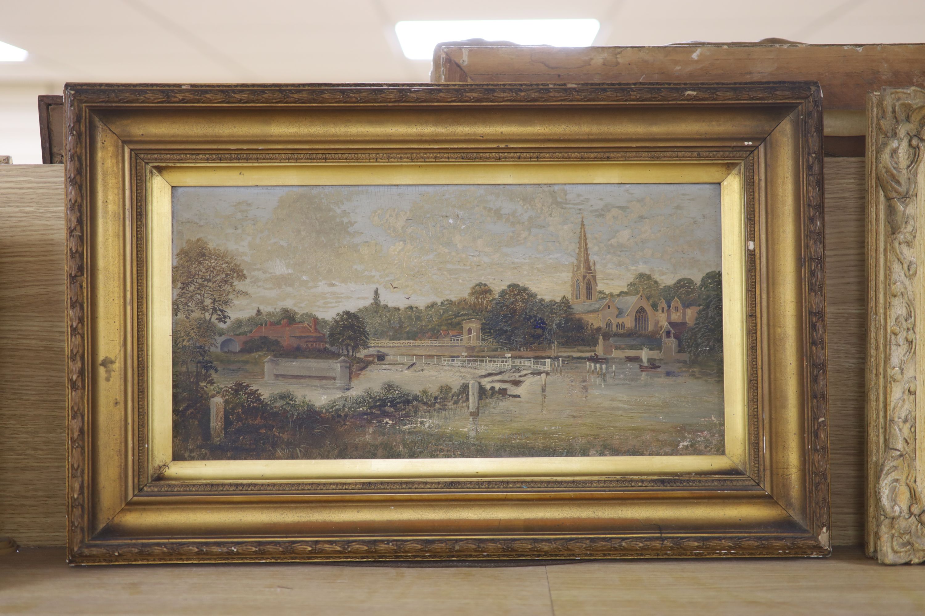 English School c.1900, oil on canvas, Bridge and weir over The Thames, 23 x 47cm